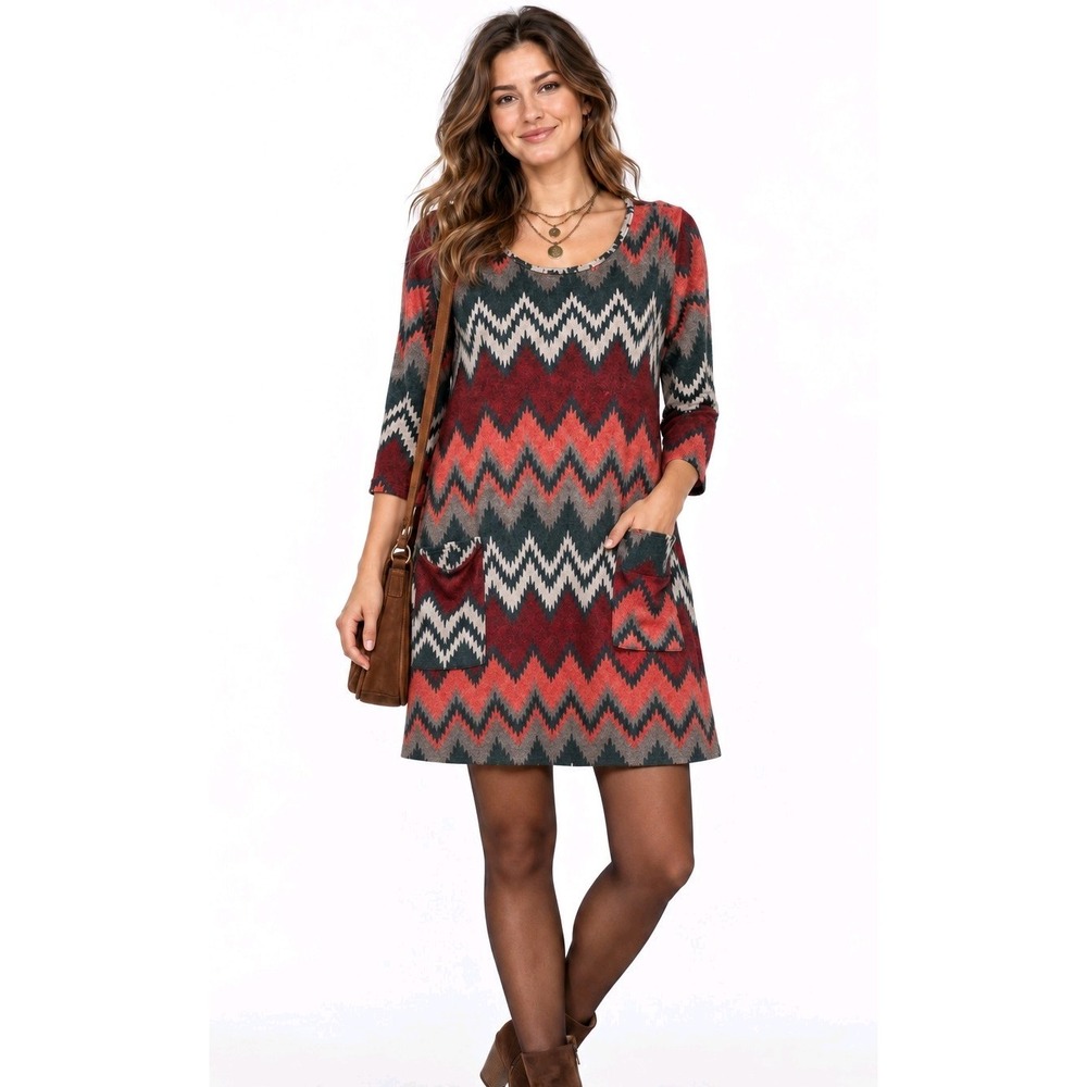 Boho Western Chevron Sweater Dress Pockets A Line Tunic Fall Southwestern Knit